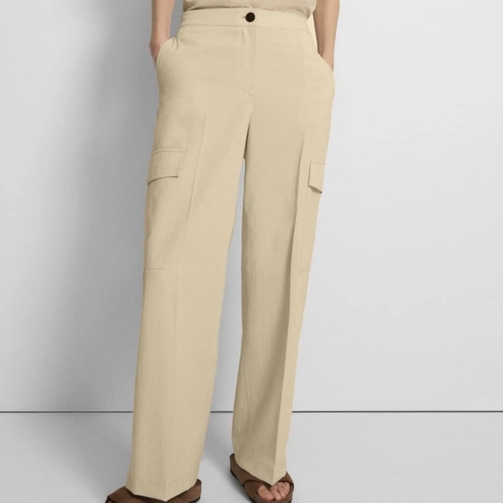 THEORY black Wide-Leg Mid Rise Crisp Poly Cargo Pant in black Sz 8 $275
